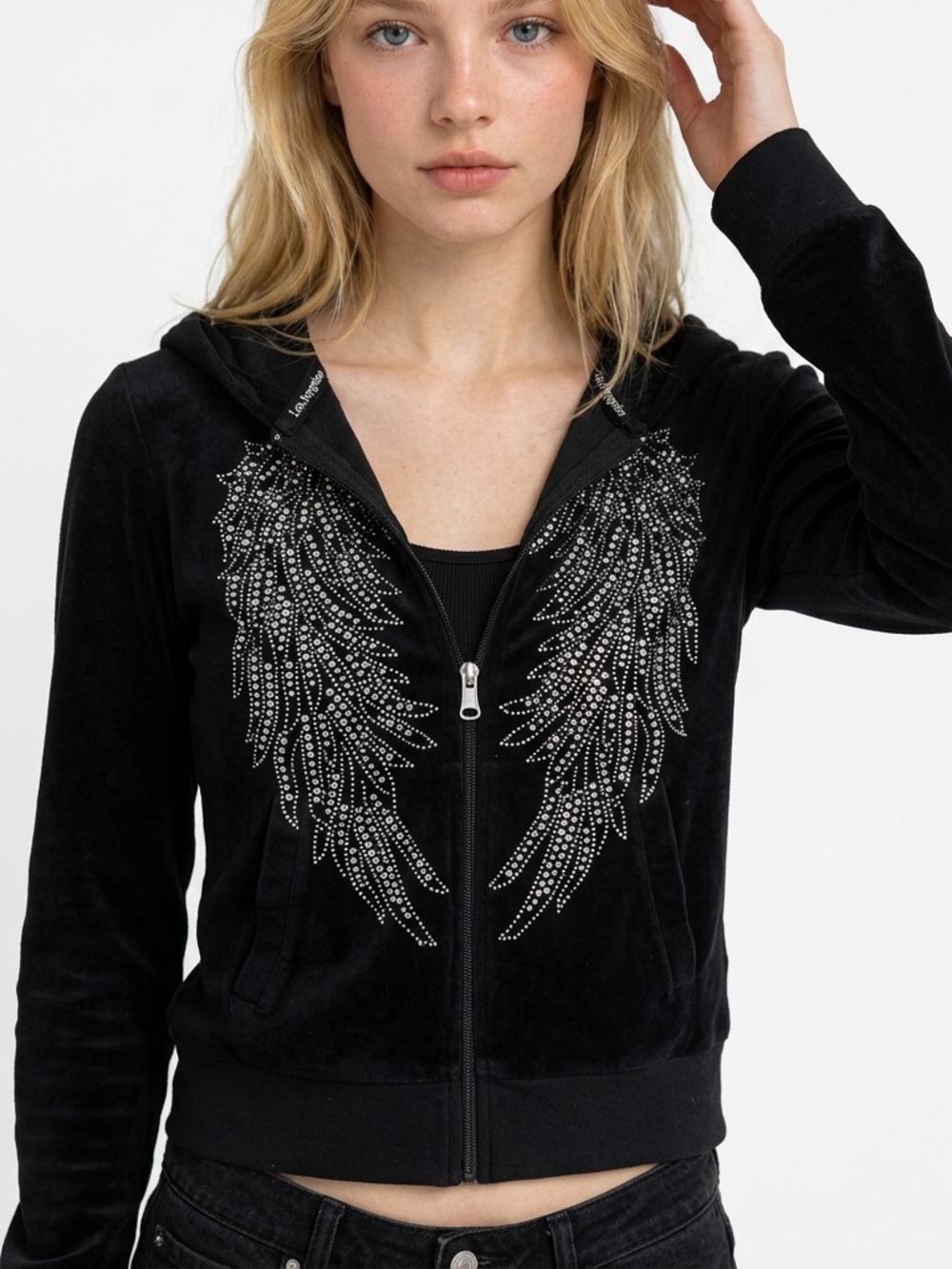 FROM LOS ANGELES BUS STOP• Black Rhinestone Angel Wings Zip Hoodie Y2K Small